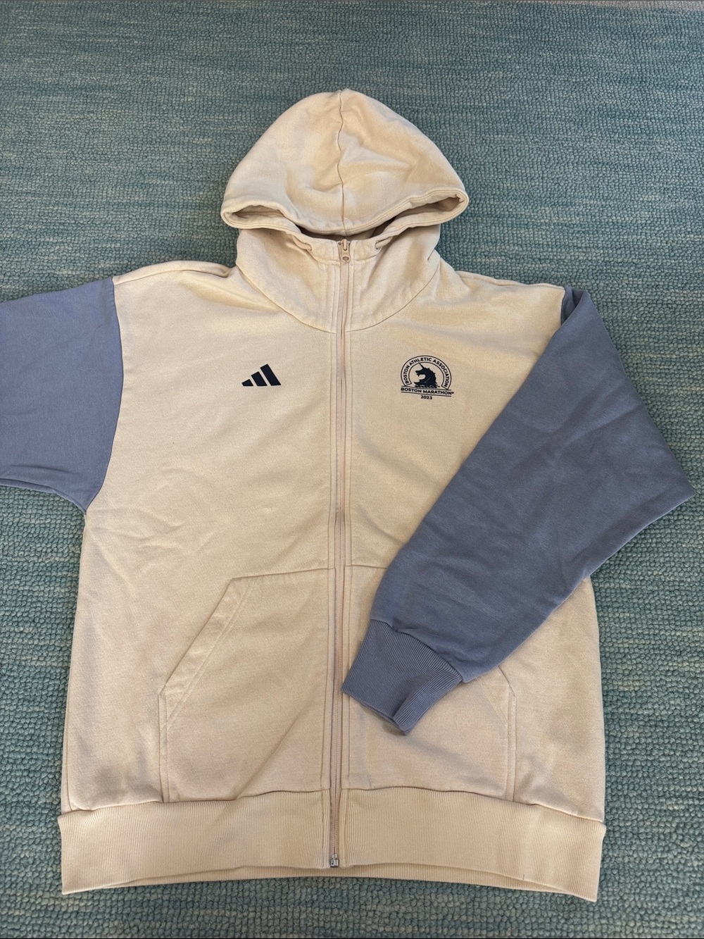 Boston Marathon adidas Cream Zip Hoodie with Purple Sleeves